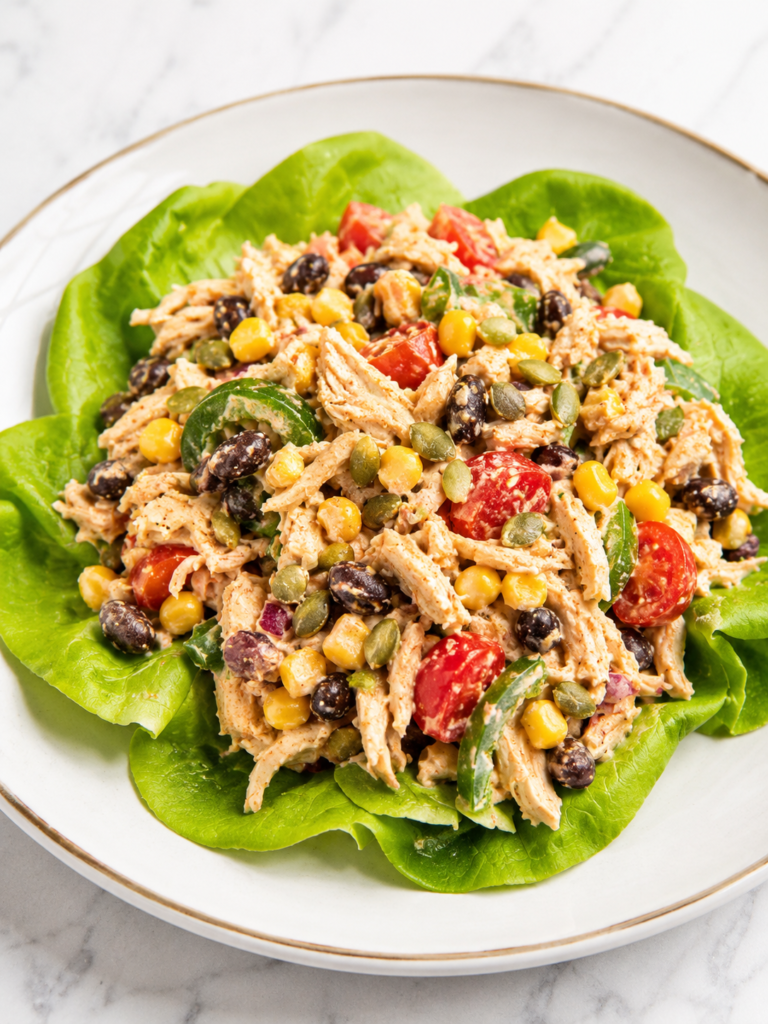 Finished southwest chicken salad in a glass bowl