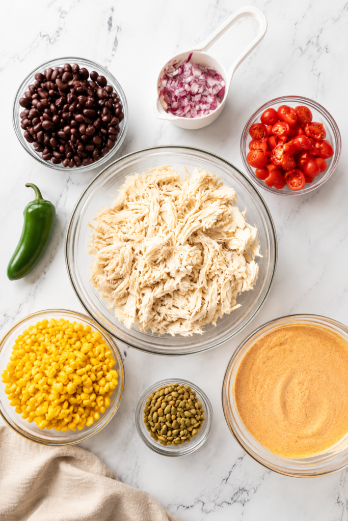 Shredded chicken, beans, corn, and vegetables in a large bowl