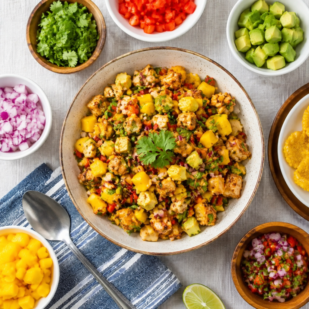 Shrimp, mango, and avocado tossed with lime dressing