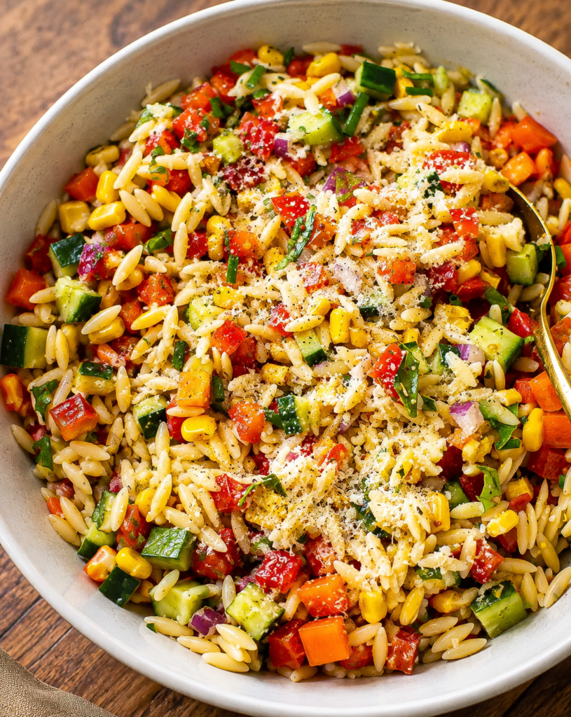 Finished summer orzo pasta salad topped with parmesan
