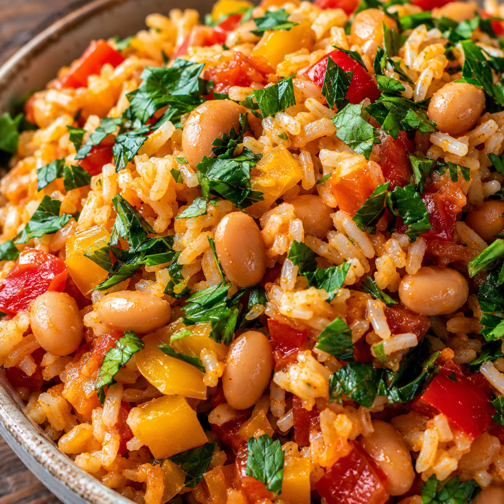 Mediterranean rice and beans topped with feta and parsley