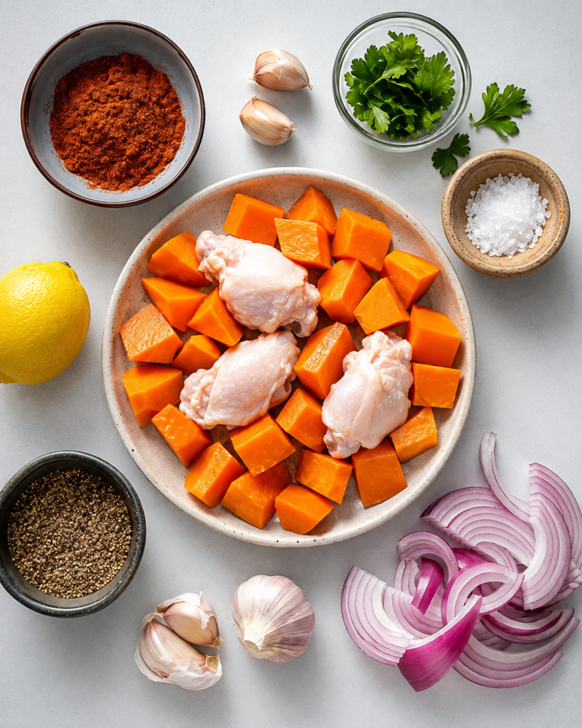 Chicken and sweet potatoes tossed with paprika and cumin