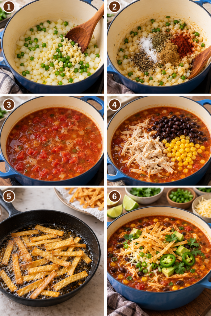 Black beans, corn, and shredded chicken stirred into the soup