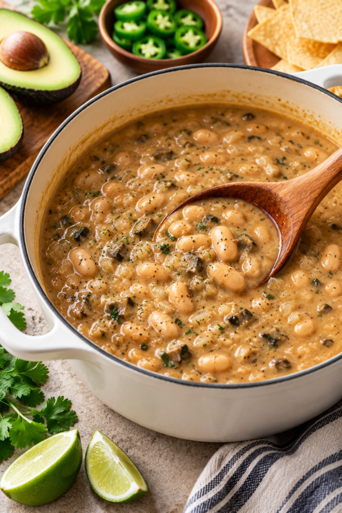 Bowl of white bean chili with avocado, cilantro, and lime
