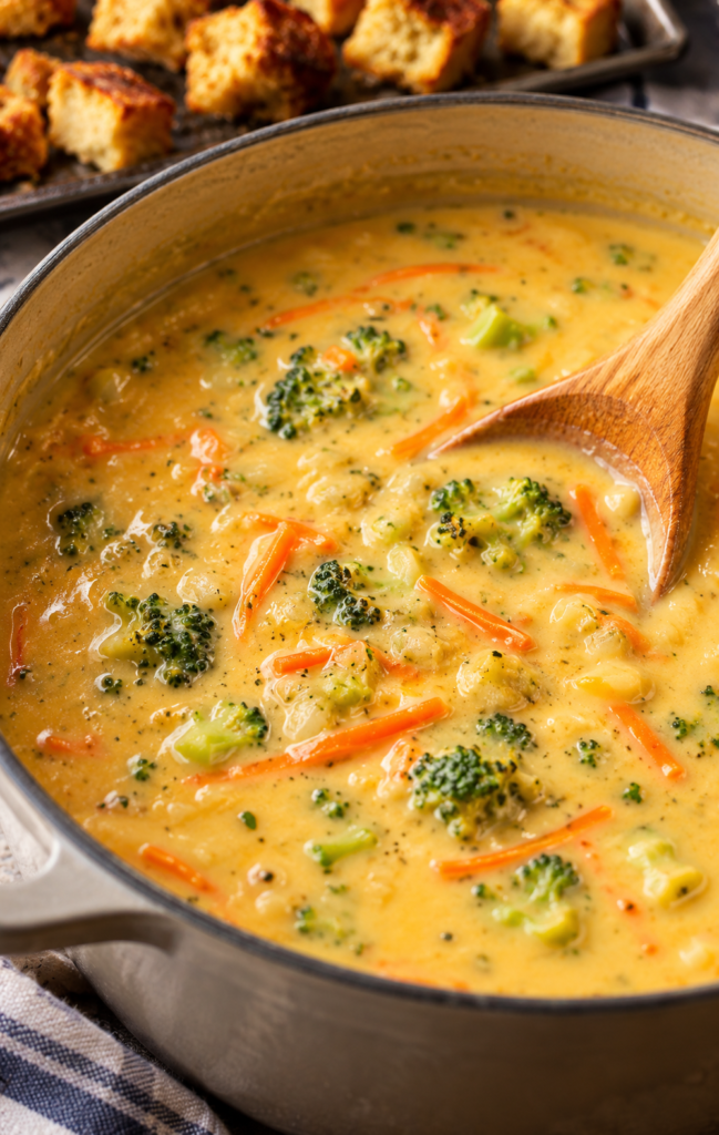 Bowl of broccoli cheddar soup topped with croutons