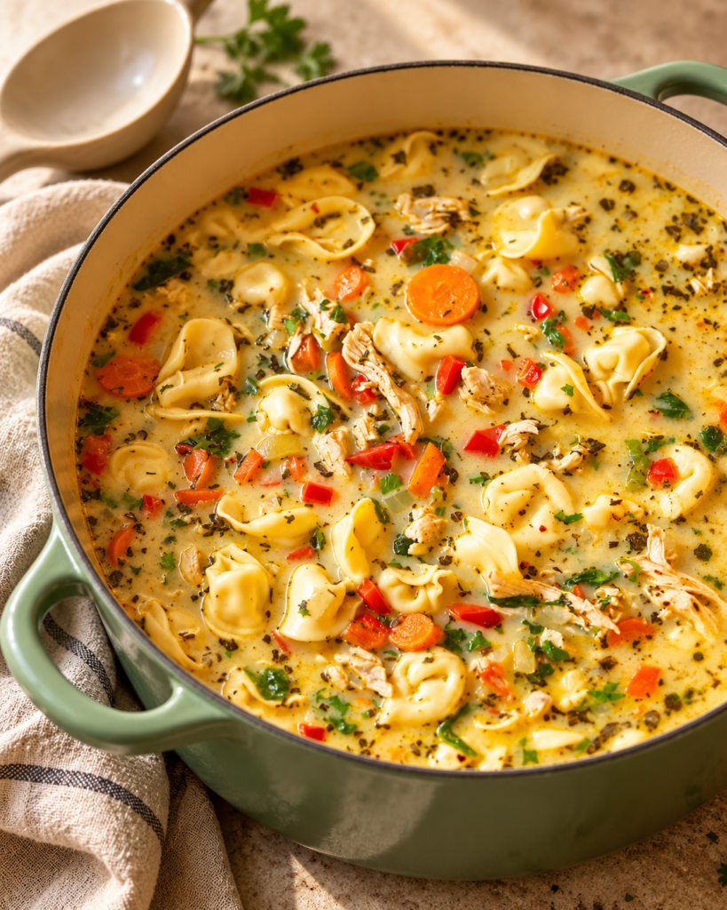 Tortellini cooking in broth with whole chicken breasts