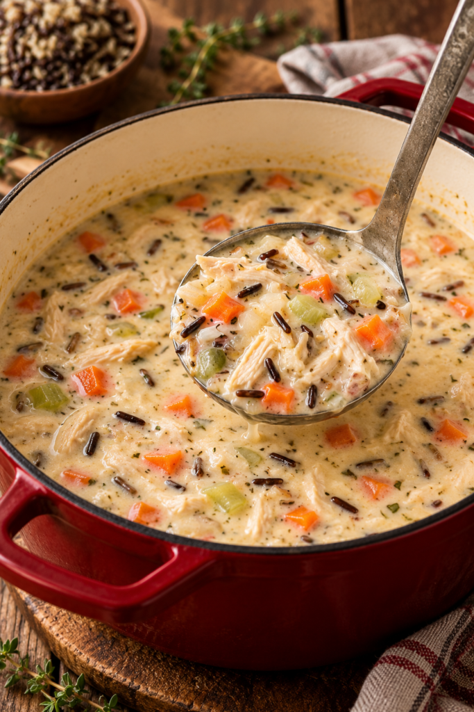Bowl of creamy chicken and wild rice soup with herbs