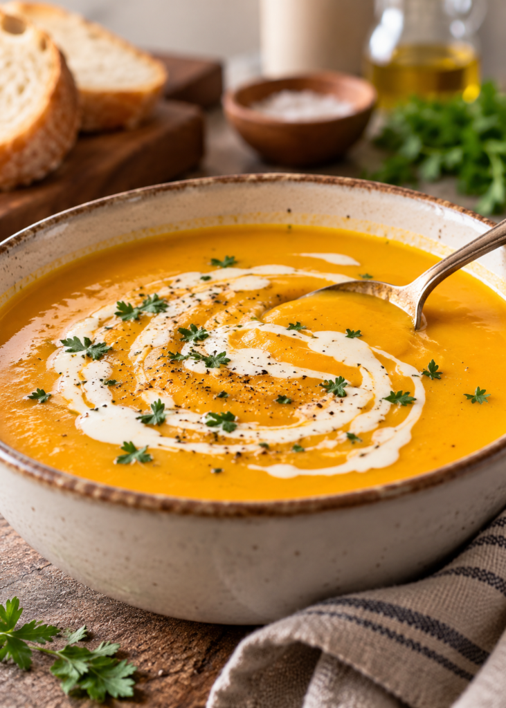 Bowl of easy pumpkin soup with a swirl of cream and parsley