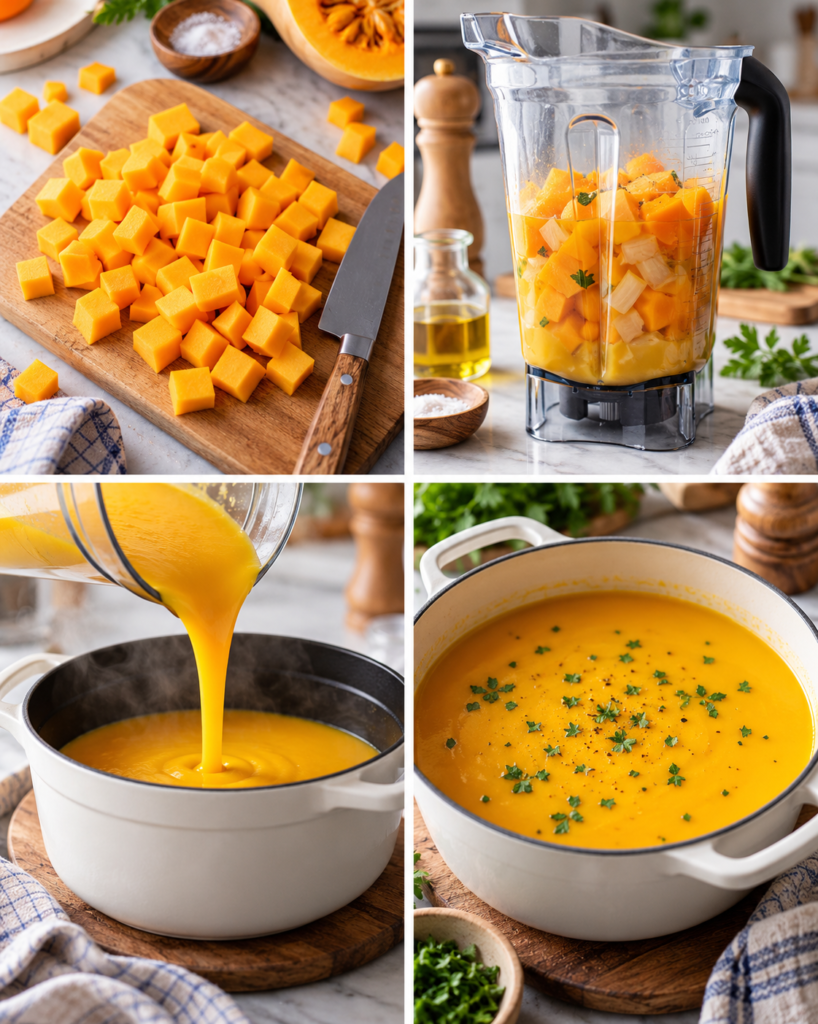 Butternut squash simmering in broth with fresh sage and rosemary