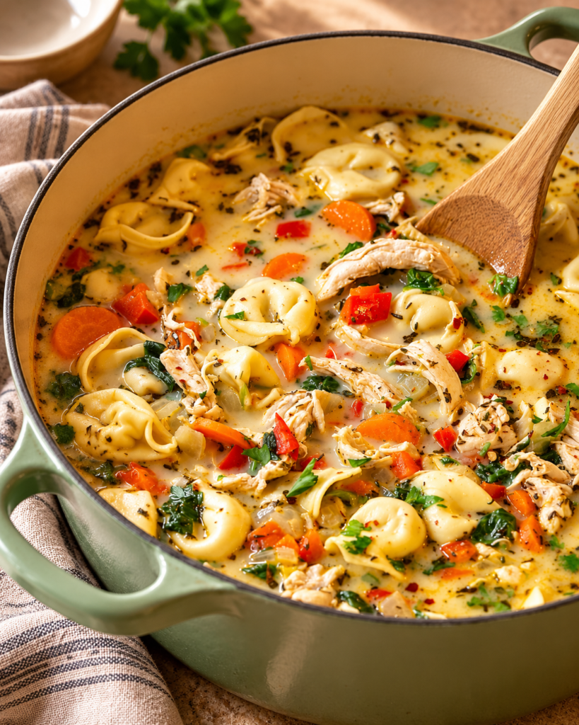 Bowl of creamy chicken tortellini soup with parsley