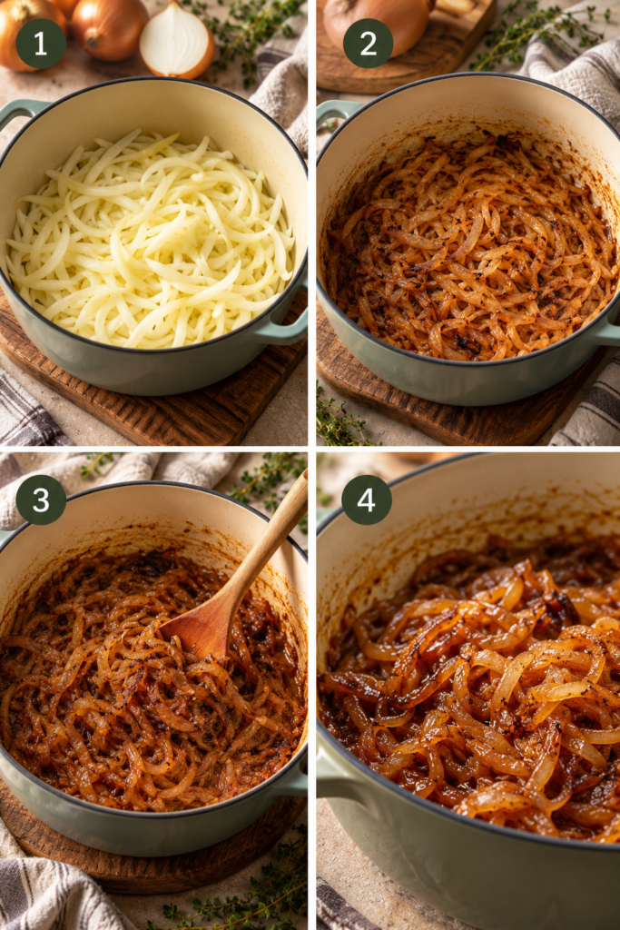 Flour stirred into caramelized onions