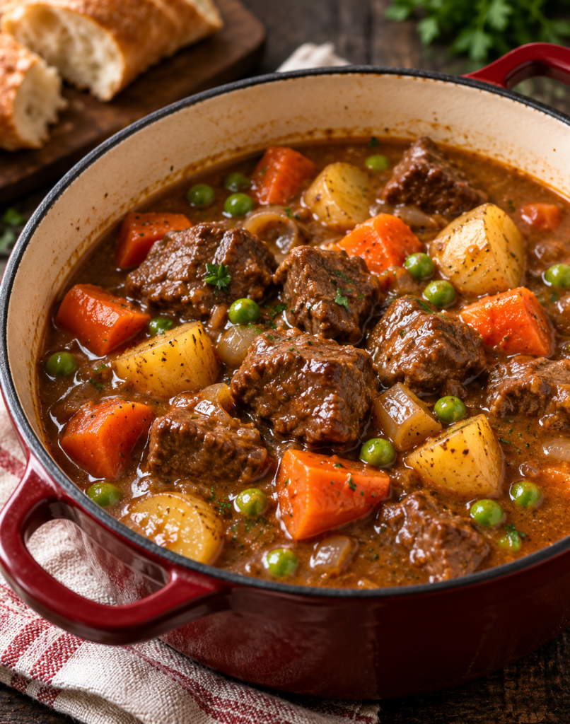 Bowl of crockpot beef stew with carrots and potatoes