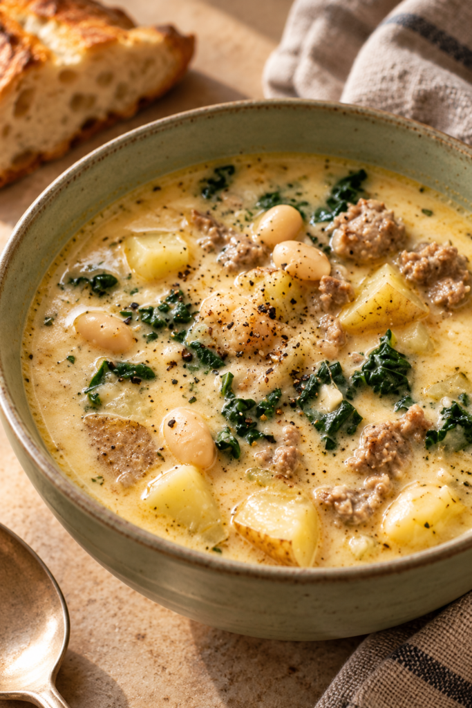 Bowl of sausage, kale, and white bean soup