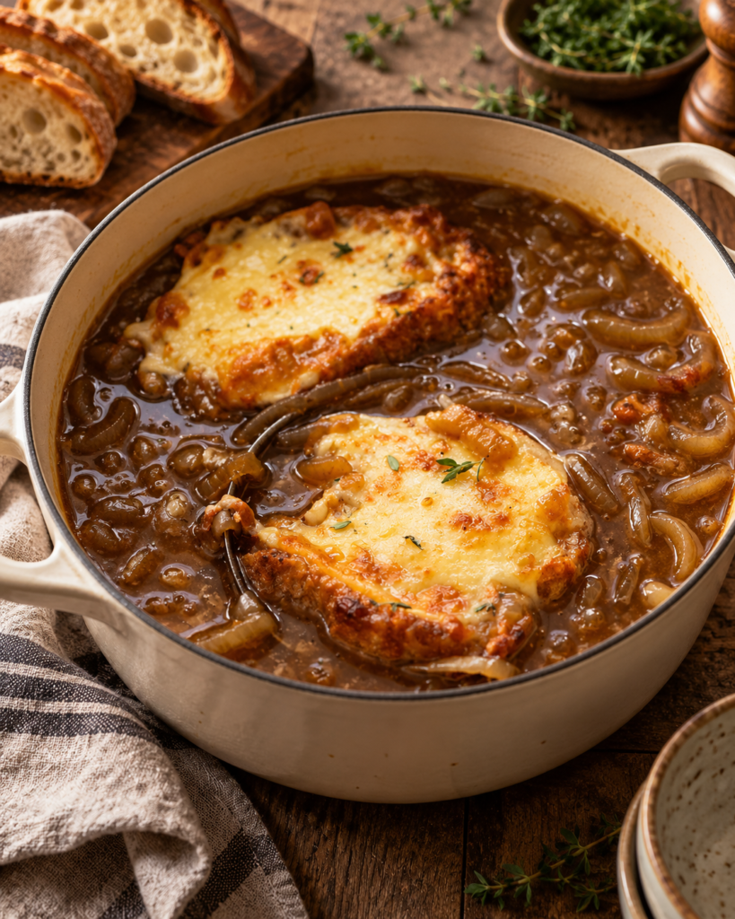 Bowl of french onion soup topped with Gruyère toast