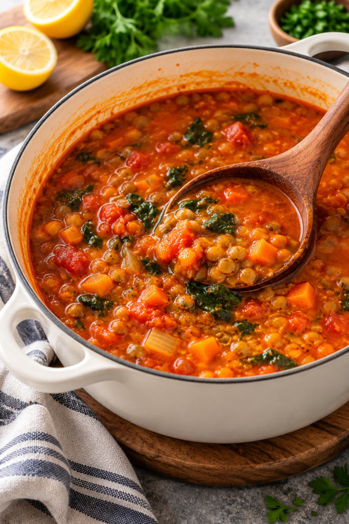 Bowl of hearty lentil soup with greens and lemon