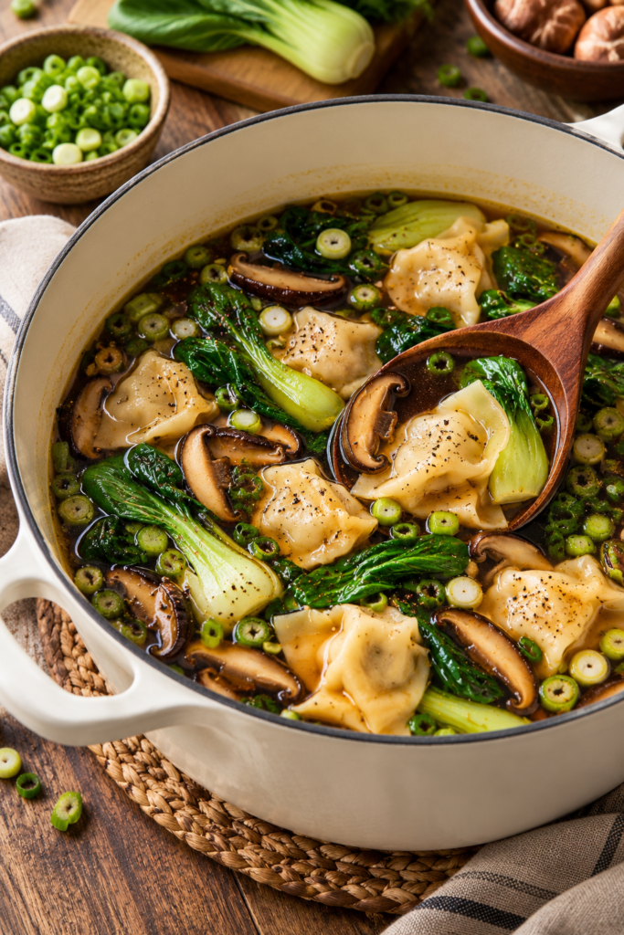 Bowl of potsticker soup with scallions and chili crisp